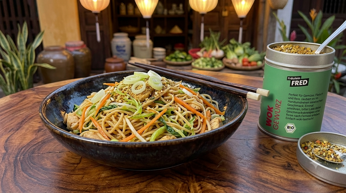 Wokschale mit gebratenen Nudeln, Hühnchen und Gemüse, daneben Stäbchen und die Dose Wok Gewürz