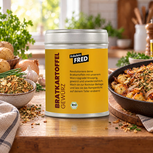 Bratkartoffel in der Dose von Fräulein Fred auf dem Küchentisch, daneben Knusprige Bratkartoffeln