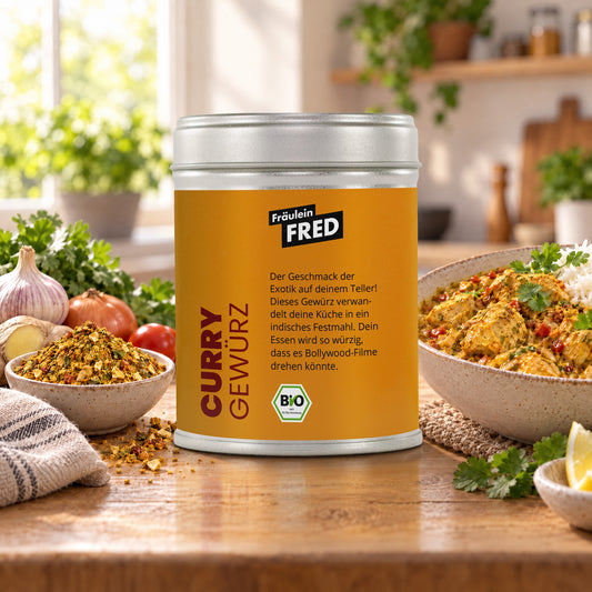 Curry Gewürz in der Dose von Fräulein Fred auf dem Küchentisch, daneben Hähnchen-Curry mit Reis