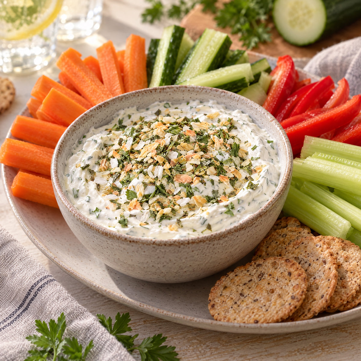 Kräuterdip mit Dip Dip Dip Gewürz, dazu Gemüsesticks und Cracker – Serviervorschlag