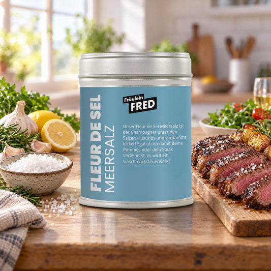Fleur de Sel Meersalz in der Dose von Fräulein Fred auf dem Küchentisch, daneben Steak mit Fleur de Sel
