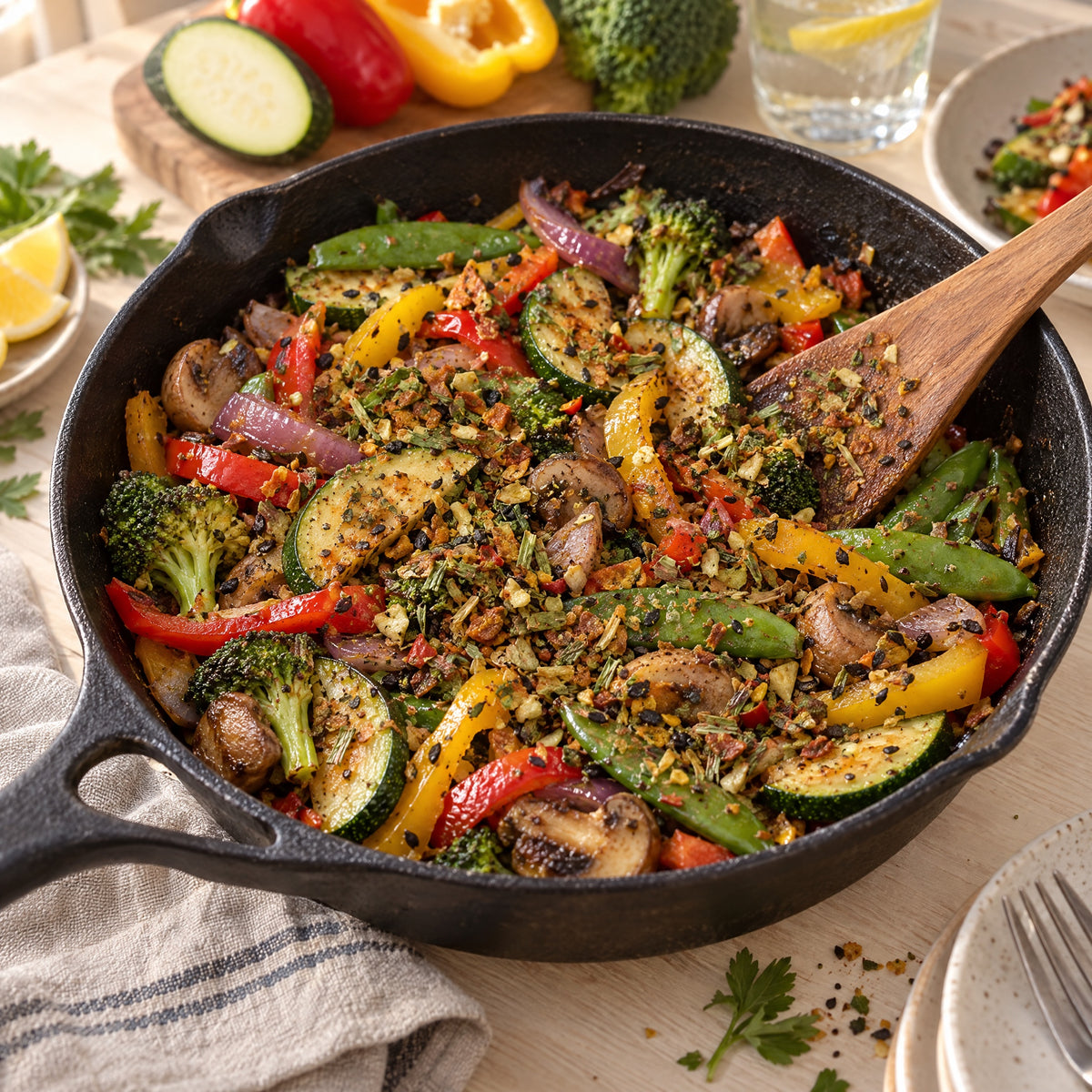Gemüsepfanne mit Zucchini, Paprika, Pilzen und Brokkoli, gewürzt mit Gemüse Allrounder – Serviervorschlag