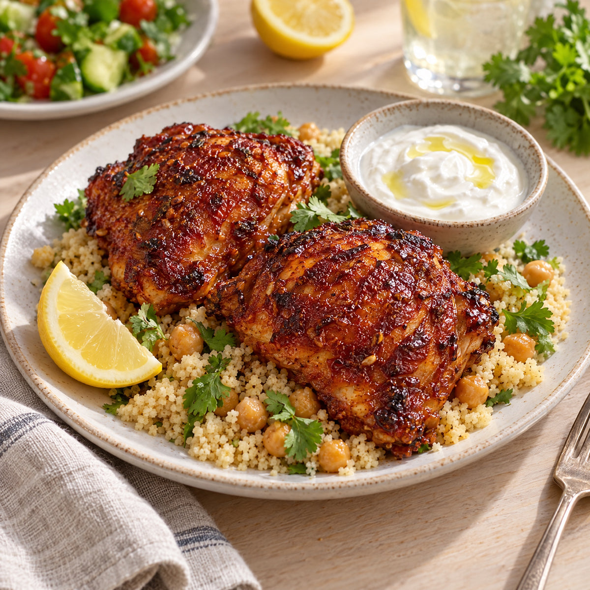 Harissa-Hähnchen mit Couscous, Kichererbsen und Joghurt