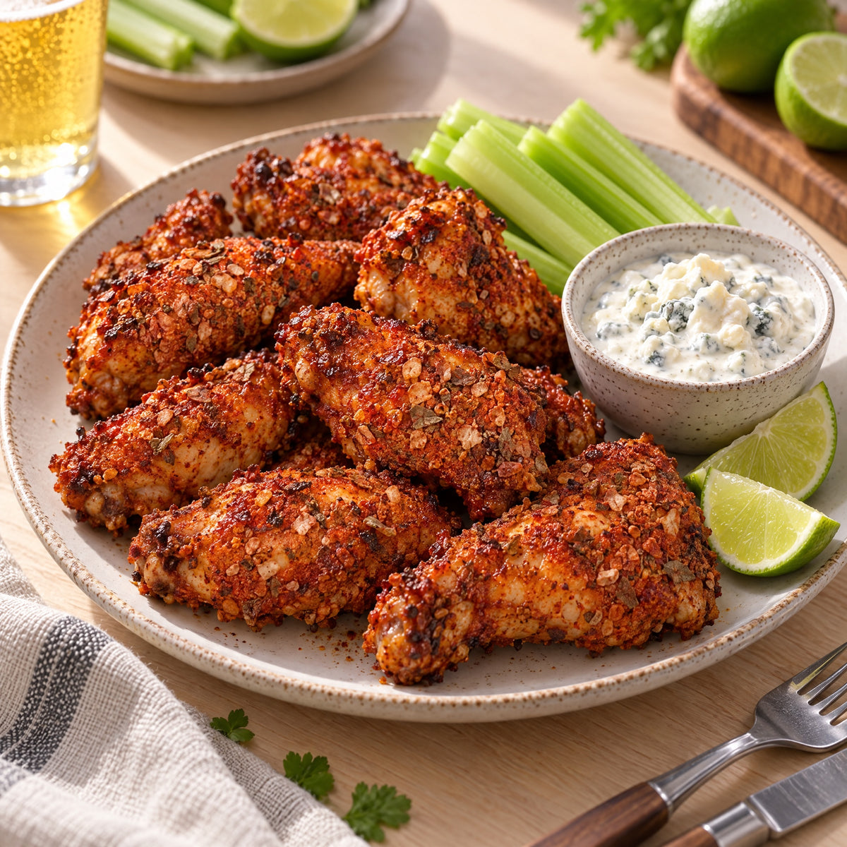 Scharfe Chicken Wings mit Hot Chili BBQ Rub, Sellerie und Dip