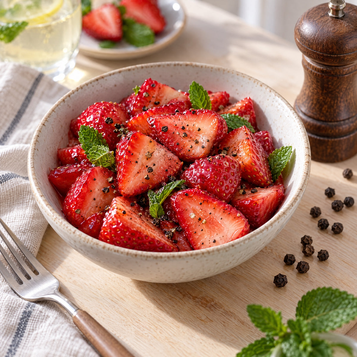 Erdbeeren mit frisch gemahlenem Kampot Pfeffer und Minze