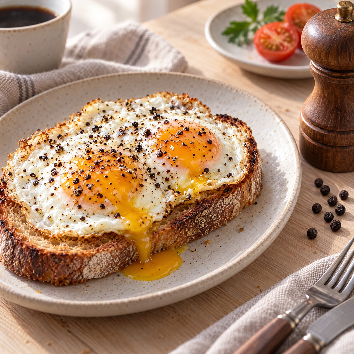 Spiegeleier auf Brot mit frisch gemahlenem Malabar Pfeffer