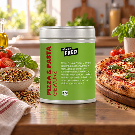 Pizza & Pasta in der Dose von Fräulein Fred auf dem Küchentisch, daneben Pizza Margherita