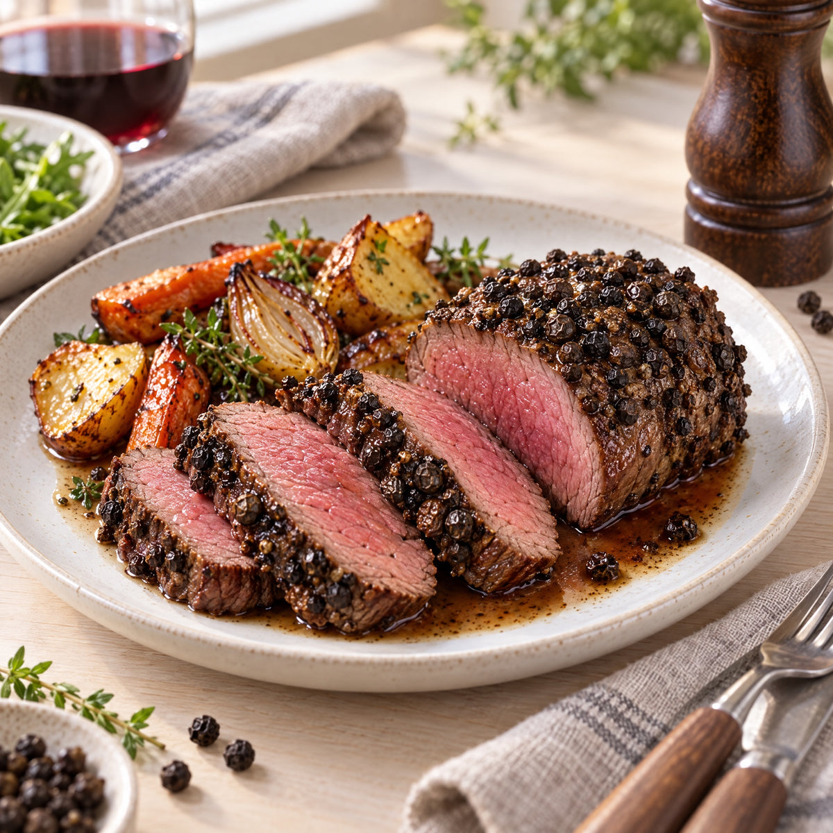 Rinderfilet mit Pfefferkruste und Ofengemüse