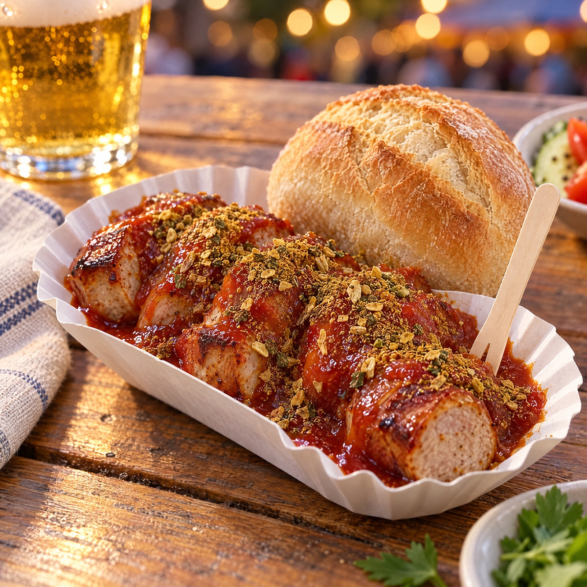 Currywurst mit Brötchen in der Pappschale wie auf dem Wiesenmarkt, gewürzt mit Wiesenmarkt Currywurst Gewürz – Serviervorschlag