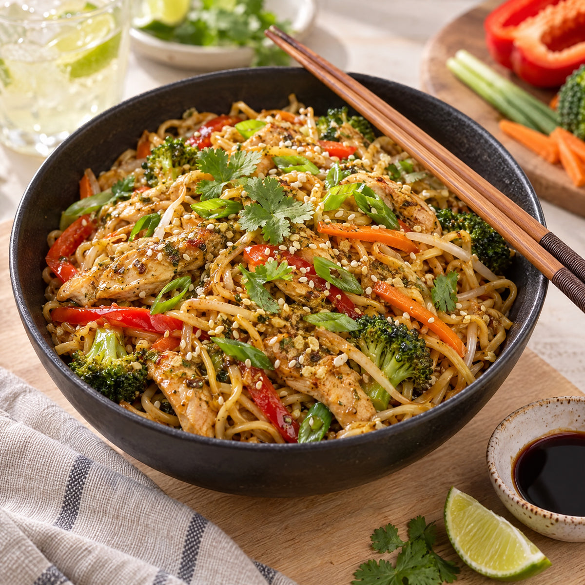 Gebratene Nudeln mit Hühnchen und Gemüse aus dem Wok, gewürzt mit Wok Gewürz – Serviervorschlag