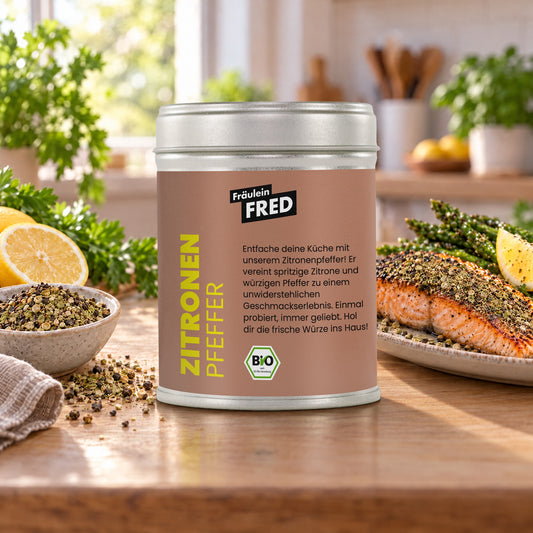 Zitronenpfeffer in der Dose von Fräulein Fred auf dem Küchentisch, daneben Lachs mit Zitronenpfeffer