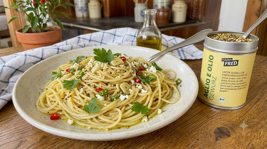 Teller Spaghetti Aglio e Olio mit Petersilie und Chili, daneben Olivenöl und die Dose Aglio e Olio Gewürz