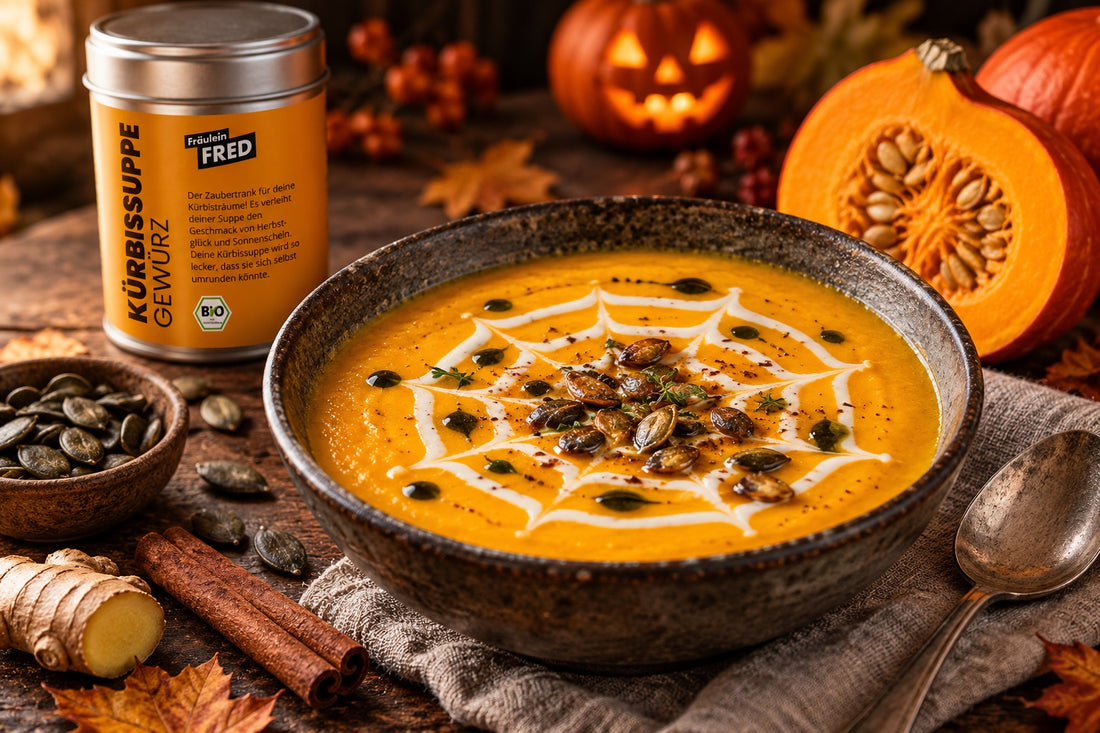 Kürbissuppe mit Spinnennetz aus Schmand, Kürbiskernen und Kürbissuppe Gewürz von Fräulein Fred