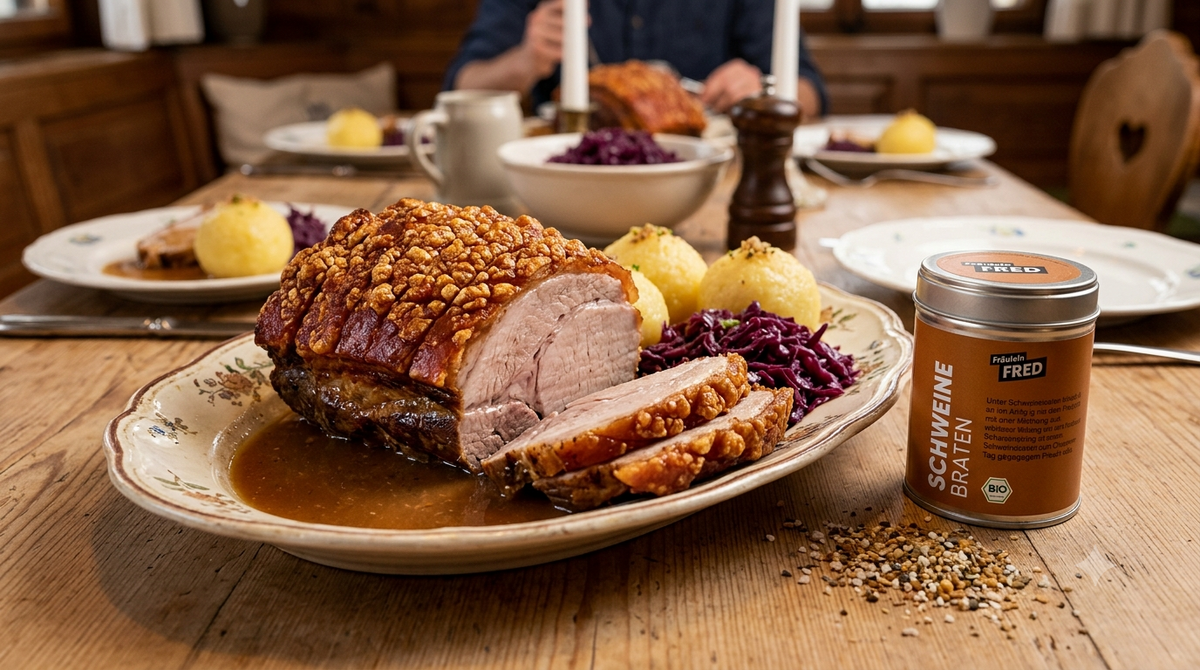 Angeschnittener Schweinebraten mit Kruste, Kartoffelknödeln und Rotkohl, daneben die Dose Schweinebraten Gewürz