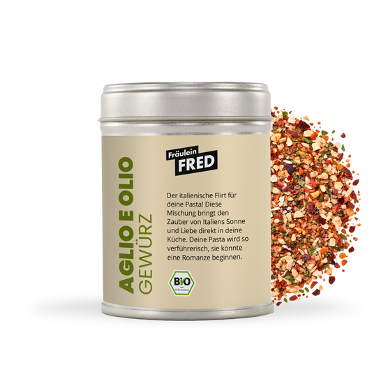 Aglio e olio Gewürz Bio – Dose mit grober Mischung aus Knoblauch, Chili, Tomate und Petersilie