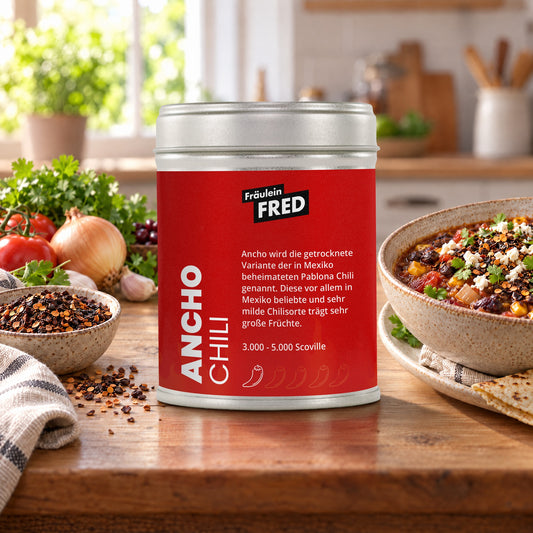 Ancho Chili in der Dose von Fräulein Fred auf dem Küchentisch, daneben Bohneneintopf