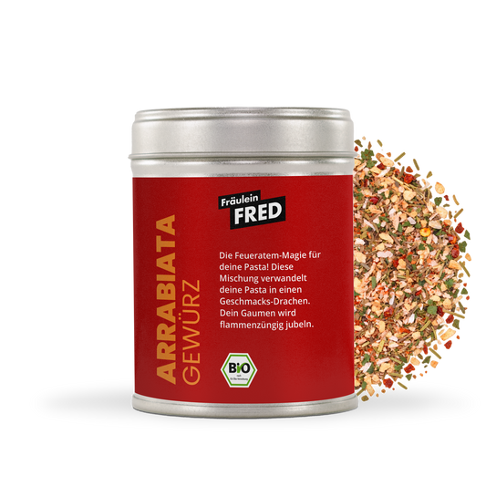 Arrabiata Gewürz Bio – Dose mit grober Mischung aus Knoblauch, Zwiebel, Chili und mediterranen Kräutern