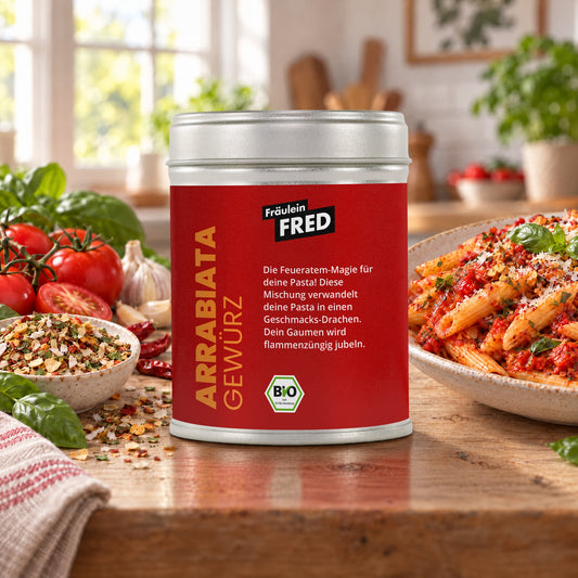 Arrabiata Gewürz in der Dose von Fräulein Fred auf dem Küchentisch, daneben Penne all'arrabbiata
