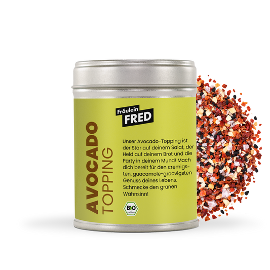 Avocado Topping Bio – Dose mit grober Mischung aus Tomate, Paprika, Chili, Knoblauch und Salzflocken