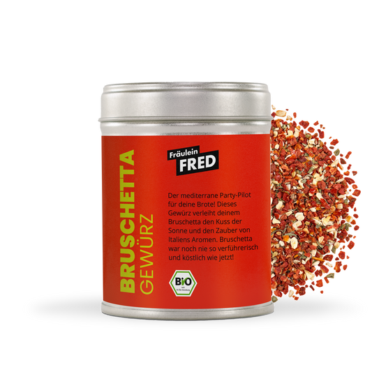 Bruschetta Gewürz Bio – Dose mit grober Mischung aus getrockneter Tomate, Paprika, Knoblauch und Oregano
