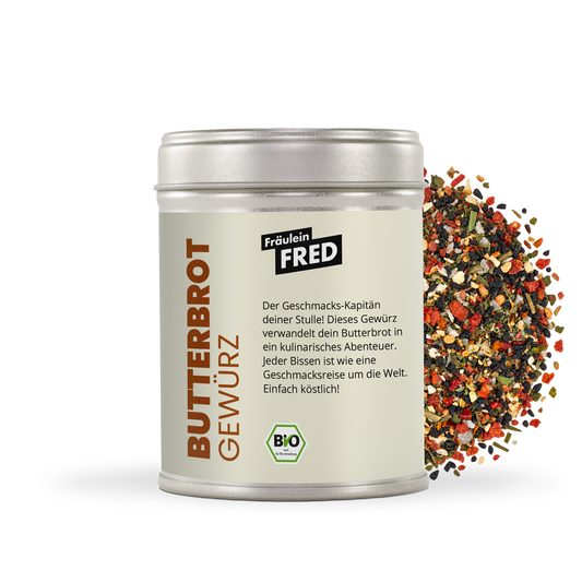 Butterbrot Gewürz Bio – Dose mit grober Gewürzmischung aus Schwarzkümmel, Tomate, Knoblauch und Schnittlauch