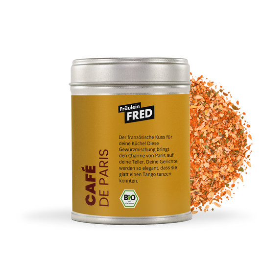 Café de Paris Gewürz Bio – Dose mit grober Mischung aus Zwiebel, Knoblauch, Paprika, Curry und Kräutern