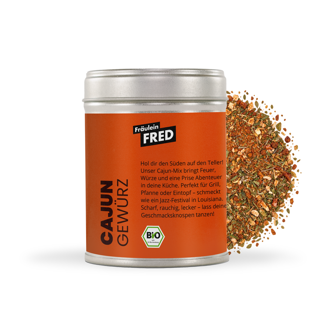 Cajun Gewürz Bio – Dose mit Mischung aus Paprika, Zwiebel, Knoblauch, Oregano, Thymian, Chili und Zitrusschalen