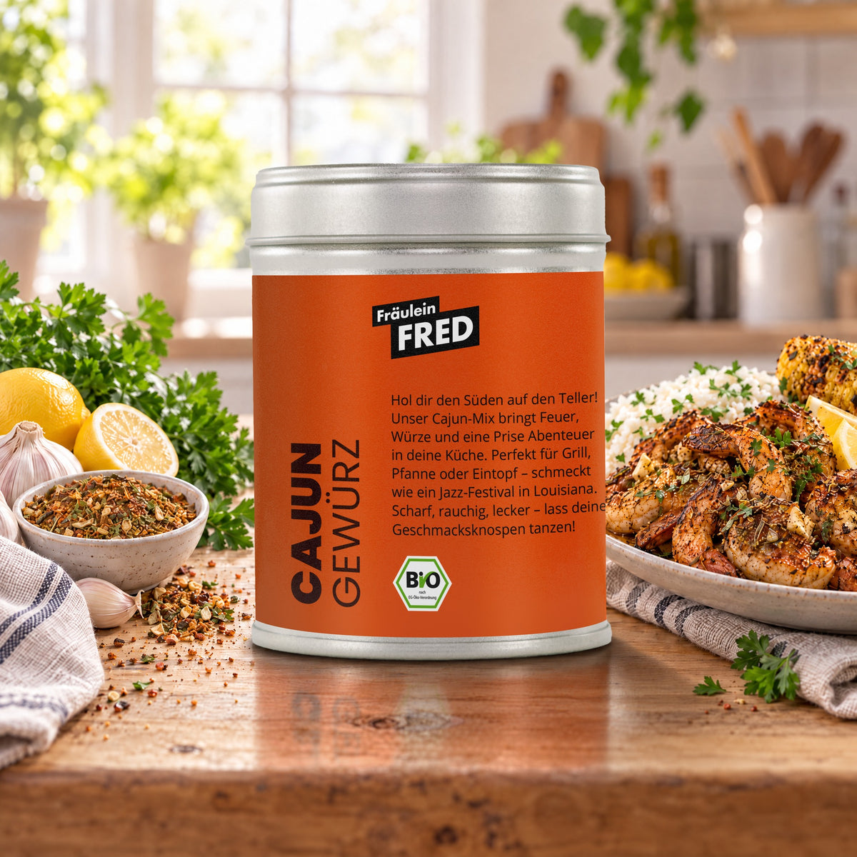 Cajun in der Dose von Fräulein Fred auf dem Küchentisch, daneben Cajun-Garnelen mit Reis