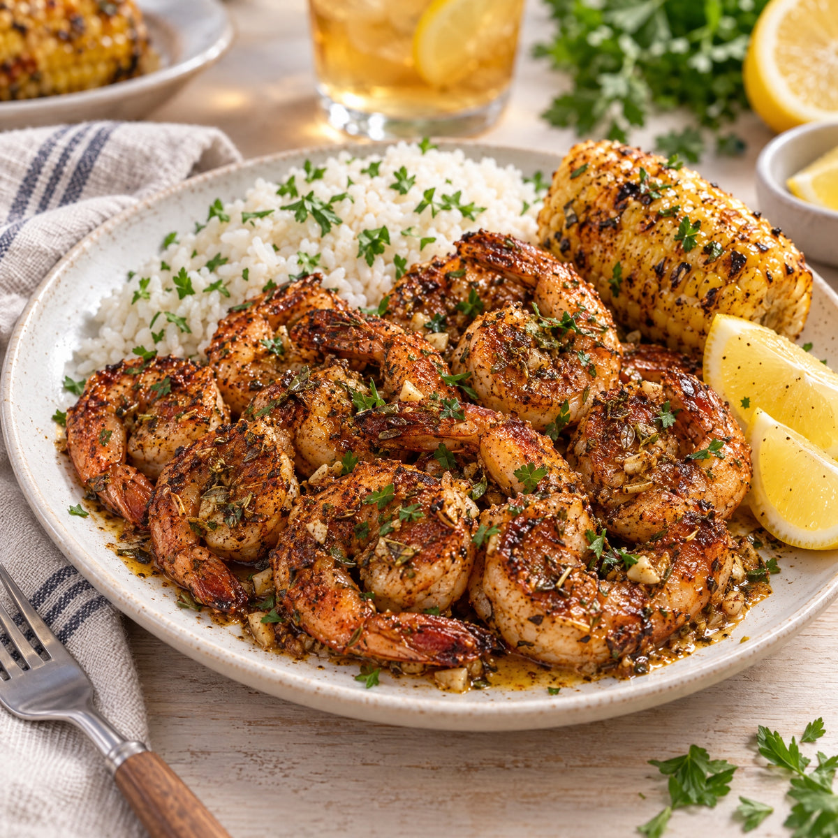 Gebratene Cajun-Garnelen mit Gewürzkruste, Reis und Maiskolben – Serviervorschlag