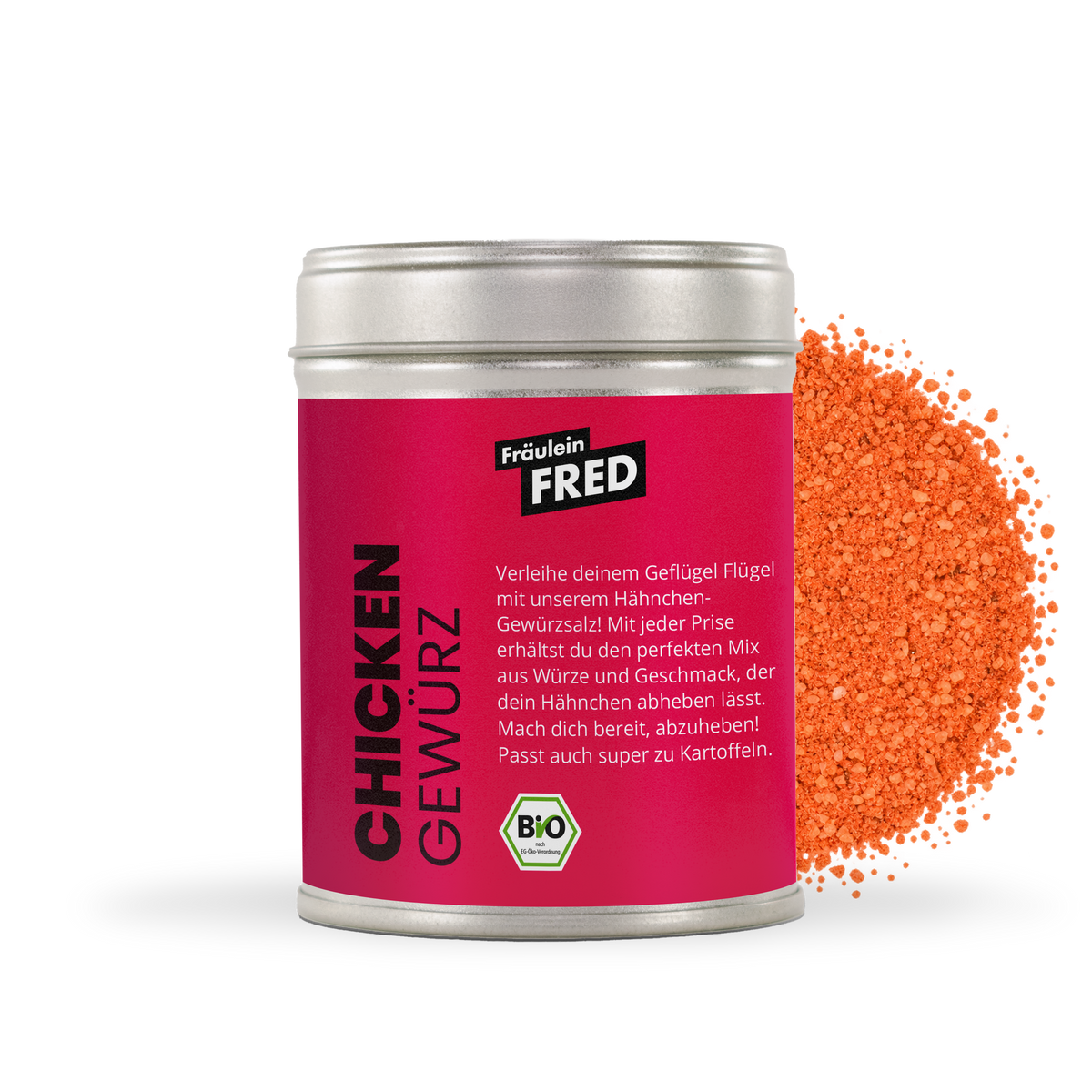 Chicken Gewürz Bio – Dose mit orangem Paprika-Gewürzsalz für Geflügel