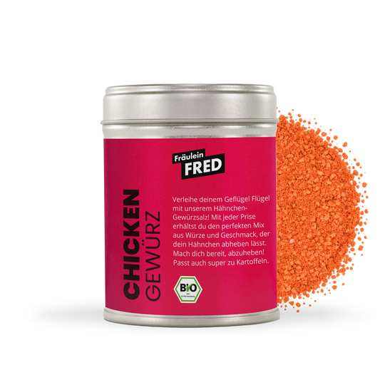 Chicken Gewürz Bio – Dose mit orangem Paprika-Gewürzsalz für Geflügel