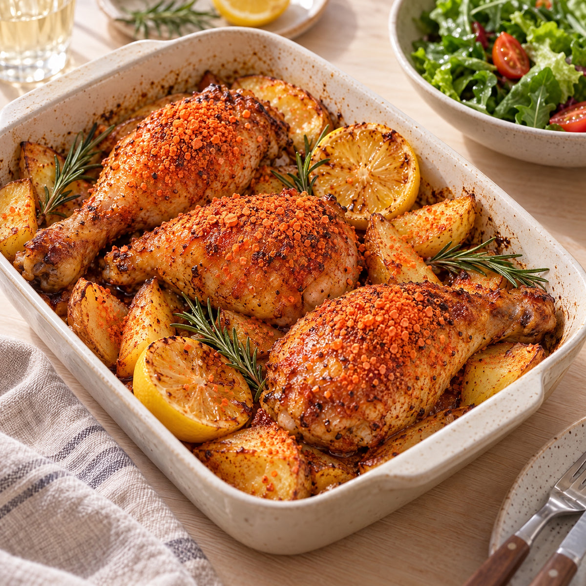 Knusprige Hähnchenschenkel aus dem Ofen mit Kartoffelspalten und Chicken Gewürz – Serviervorschlag
