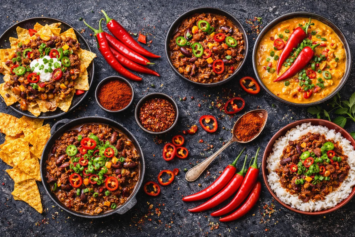 Scharfe Gerichte mit Chili: Chili con Carne, Nachos, Curry und frische rote Chilischoten