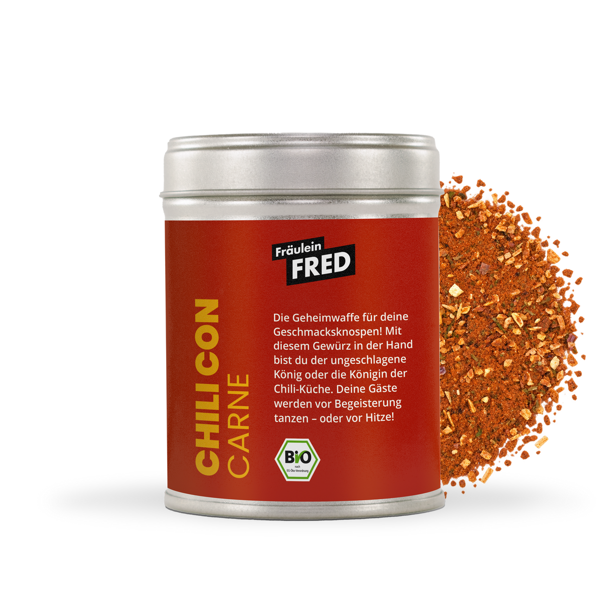 Chili con Carne Gewürz Dose mit rotbrauner Mischung aus Paprika, Chili und Zwiebelstücken