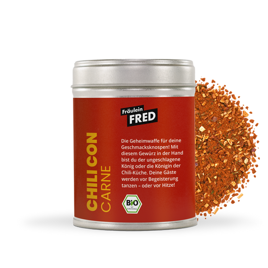 Chili con Carne Gewürz Dose mit rotbrauner Mischung aus Paprika, Chili und Zwiebelstücken