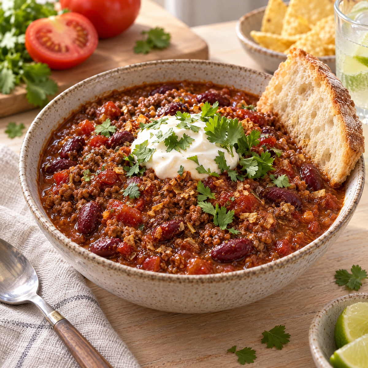 Chili con Carne mit Hackfleisch, Kidneybohnen, Sour Cream und Koriander