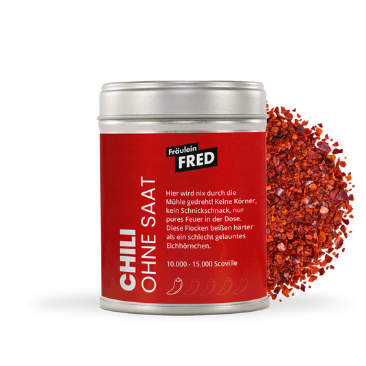 Chili ohne Saat – Dose mit roten Chiliflocken ohne Kerne