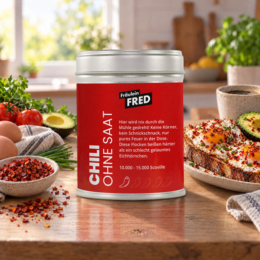 Chili ohne Saat in der Dose von Fräulein Fred auf dem Küchentisch, daneben Spiegeleier mit Chiliflocken