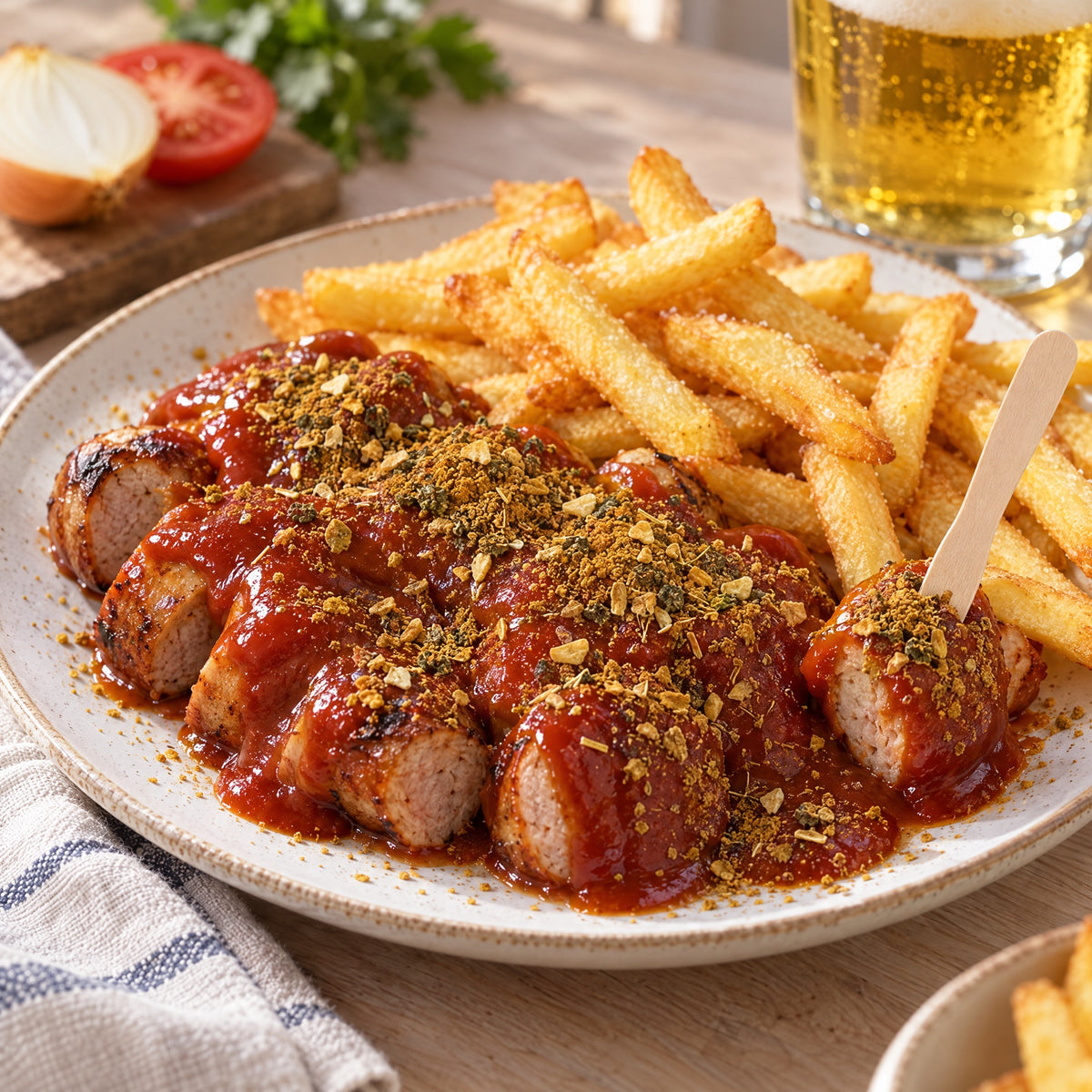 Currywurst mit Pommes frites und Currywurst Gewürz – Serviervorschlag