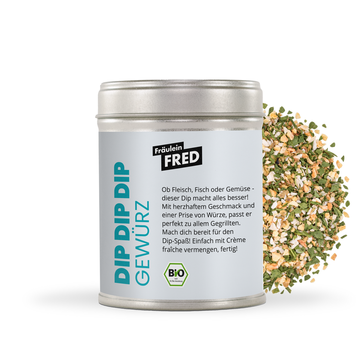 Dip Dip Dip Gewürz Bio – Dose mit grober Mischung aus Zwiebel, Knoblauch, Petersilie und Schnittlauch