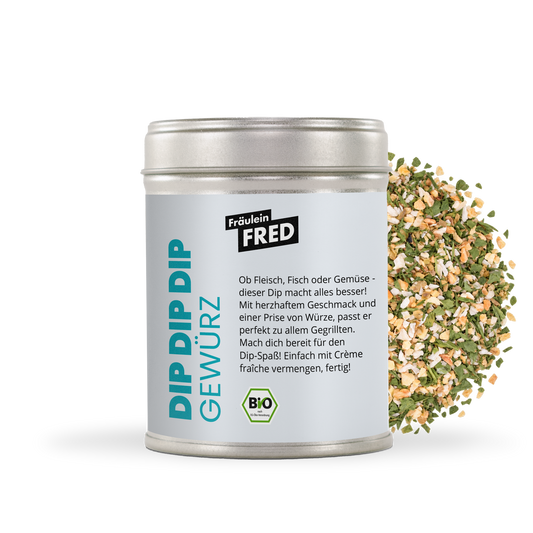 Dip Dip Dip Gewürz Bio – Dose mit grober Mischung aus Zwiebel, Knoblauch, Petersilie und Schnittlauch