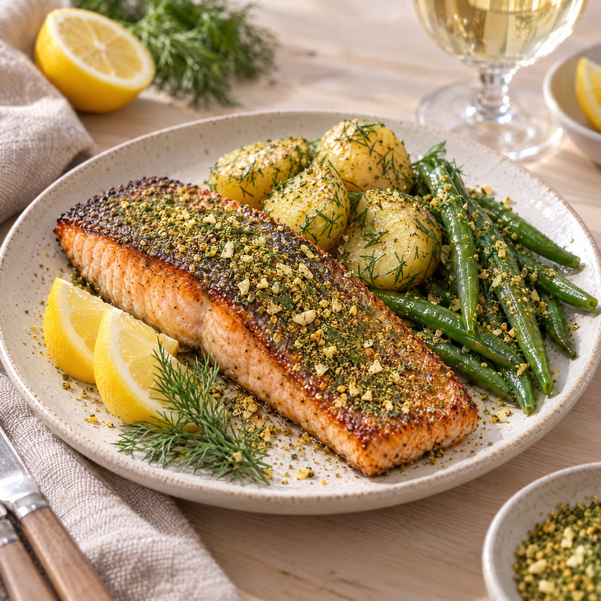 Gebratenes Lachsfilet mit Fisch Gewürz, Zitrone, Kartoffeln und grünen Bohnen – Serviervorschlag