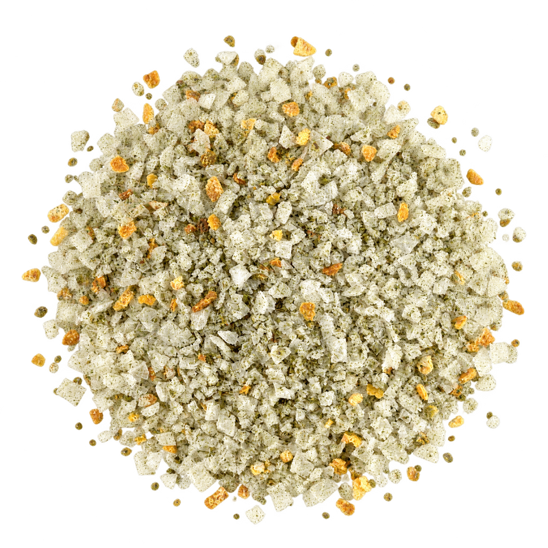 Fischsalz – grobe Salzflocken mit gelber Zitronenschale und grünem Lemon Myrtle
