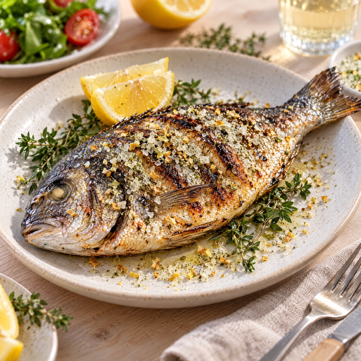 Gegrillte Dorade mit Fischsalz und Zitrone