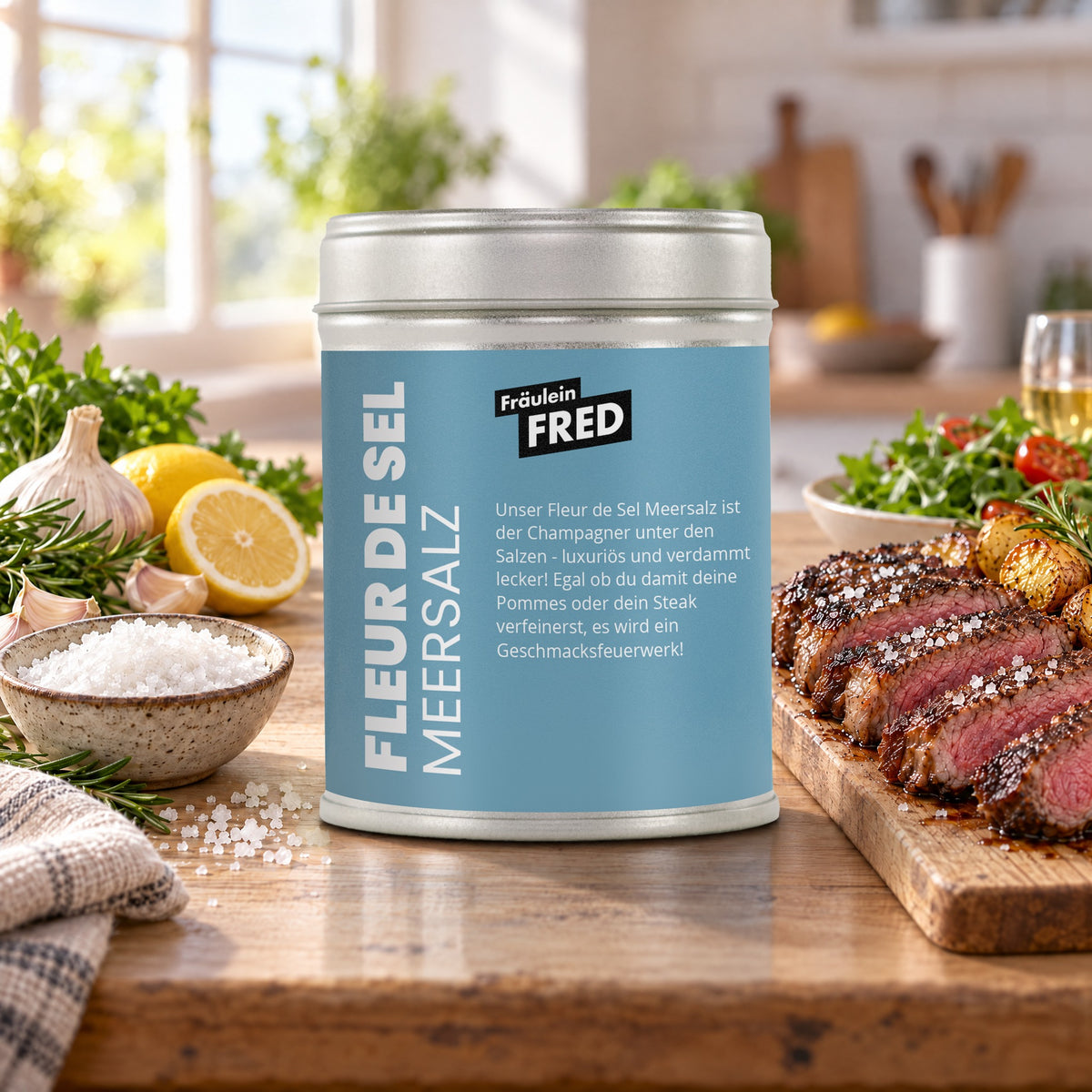 Fleur de Sel Meersalz in der Dose von Fräulein Fred auf dem Küchentisch, daneben Steak mit Fleur de Sel