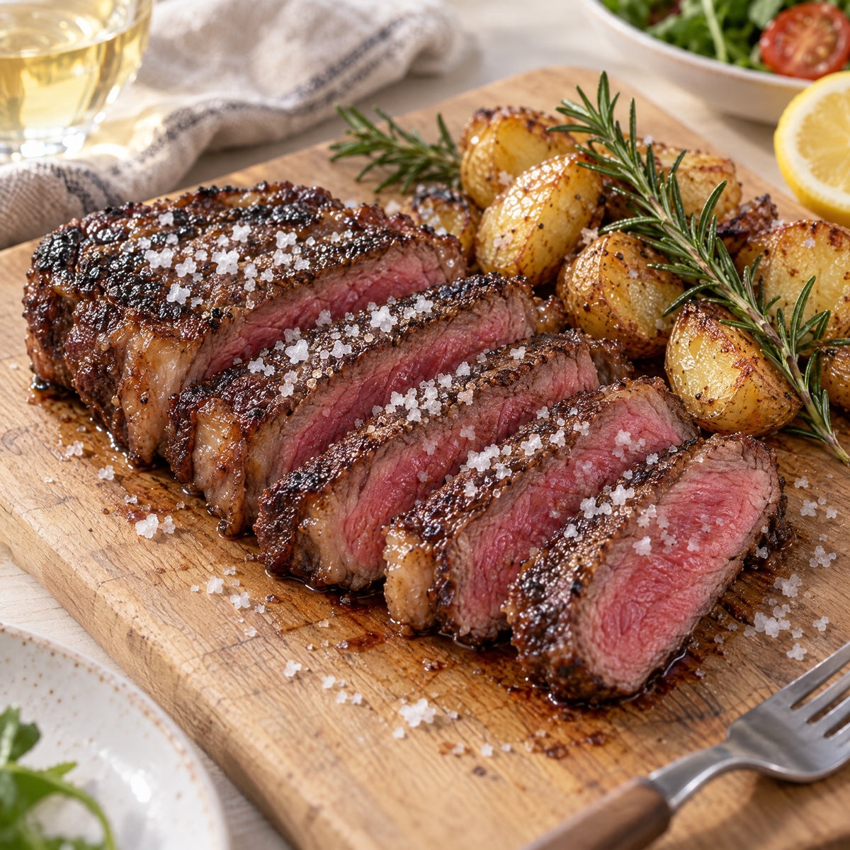 Rumpsteak in Scheiben mit Fleur de Sel, Rosmarin und Ofenkartoffeln