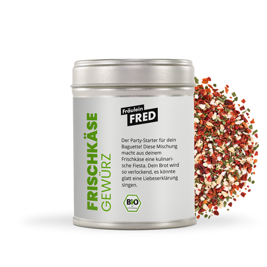 Frischkäse Gewürz Bio – Dose mit grober Mischung aus Tomate, Paprika, Knoblauch, Zwiebel und Kräutern