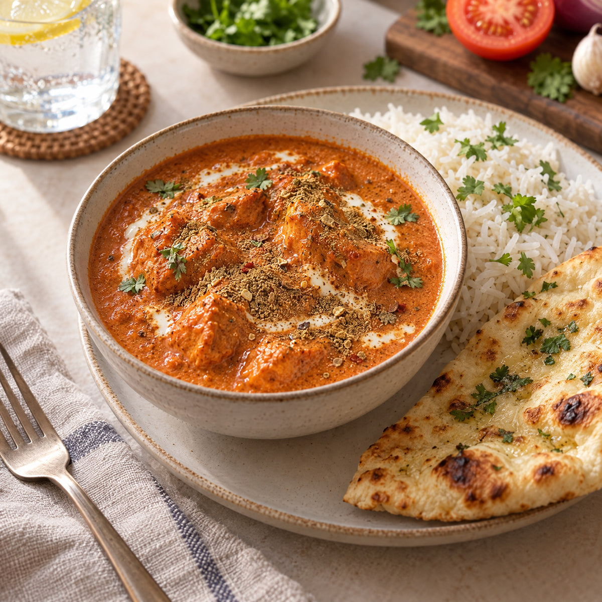 Butter Chicken mit Garam Masala, Basmatireis und Naan