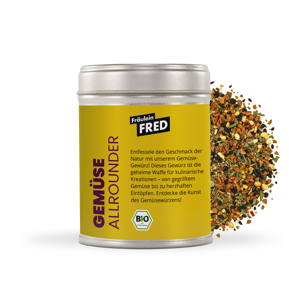 Gemüse Allrounder Gewürz Bio – Dose mit grober Mischung aus Paprika, Tomate, Schwarzkümmel, Knoblauch und Kräutern