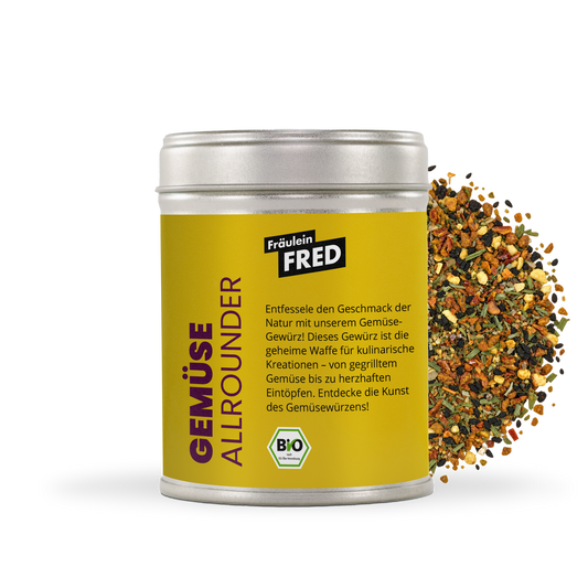 Gemüse Allrounder Gewürz Bio – Dose mit grober Mischung aus Paprika, Tomate, Schwarzkümmel, Knoblauch und Kräutern